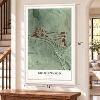 Brookwood, Georgia map, 24 x 36 inch print in a white frame by a staircase