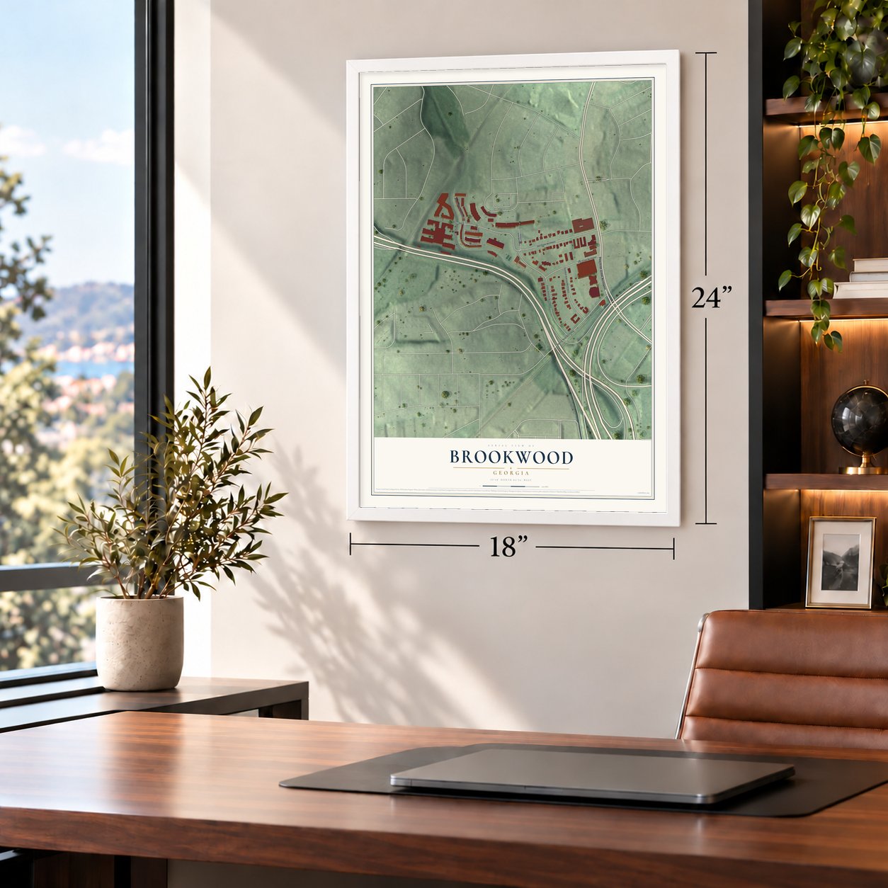Brookwood, Georgia map, 18 x 24 inch print in a white frame in a home office