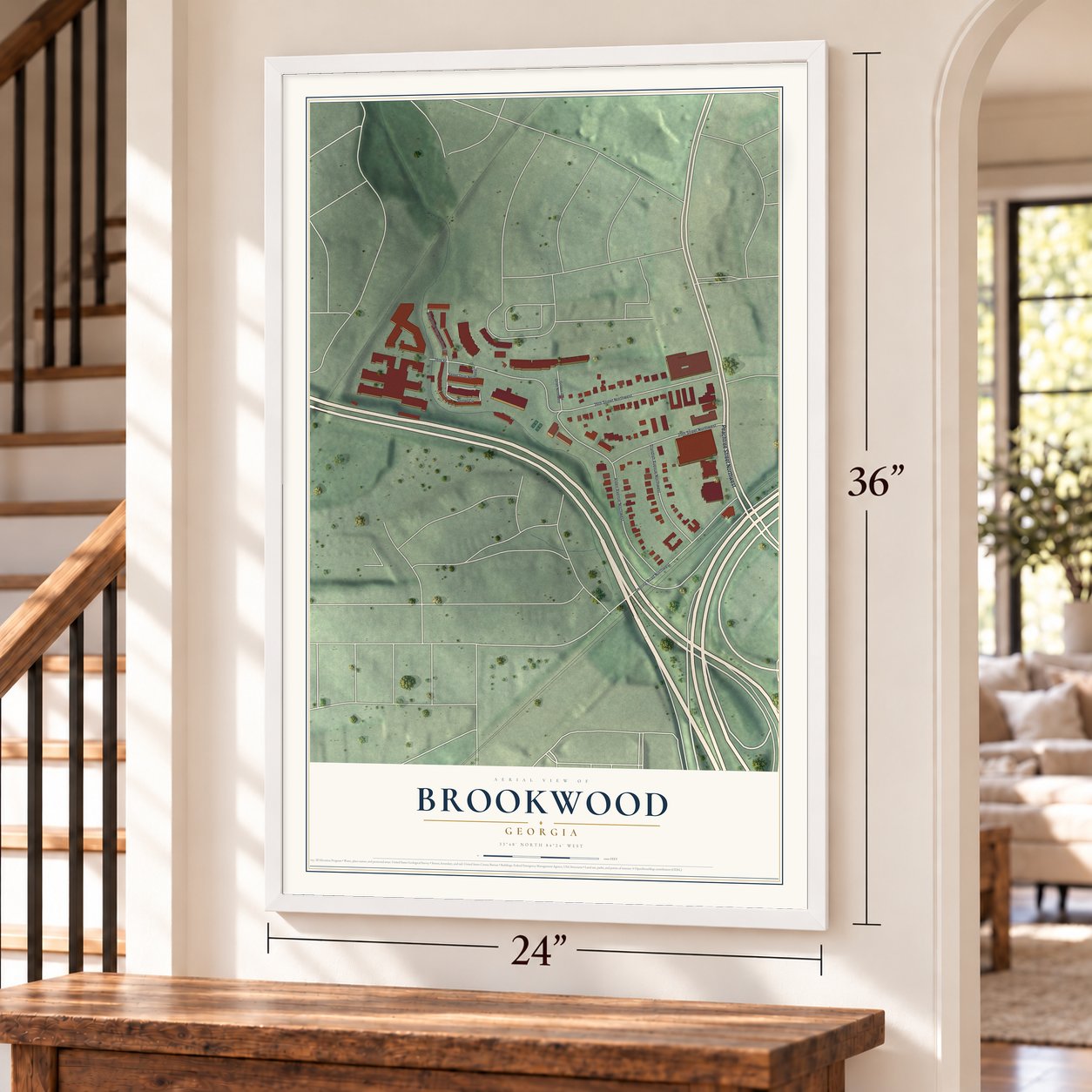 Brookwood, Georgia map, 24 x 36 inch print in a white frame by a staircase