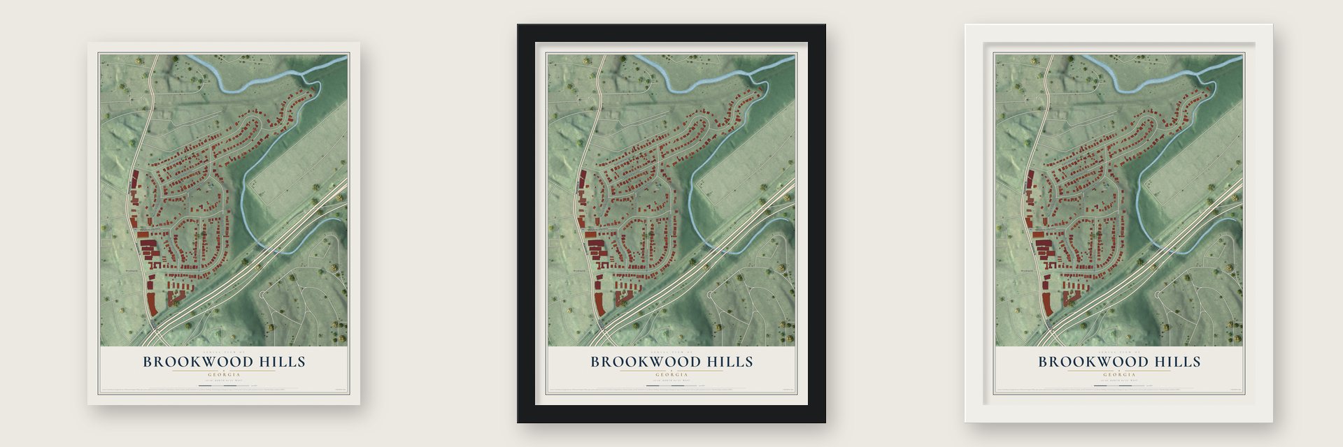 Brookwood Hills, Georgia map unframed, in a black wood frame and in a white wood frame