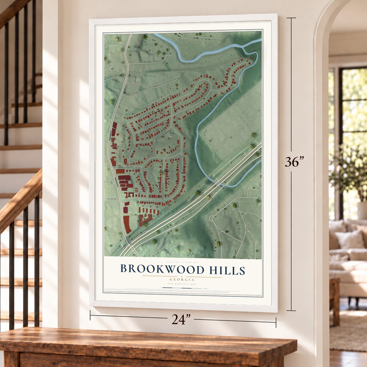 Brookwood Hills, Georgia map, 24 x 36 inch print in a white frame by a staircase