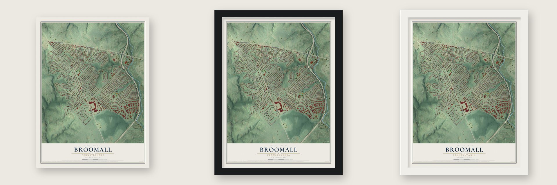 Broomall, Pennsylvania map unframed, in a black wood frame and in a white wood frame