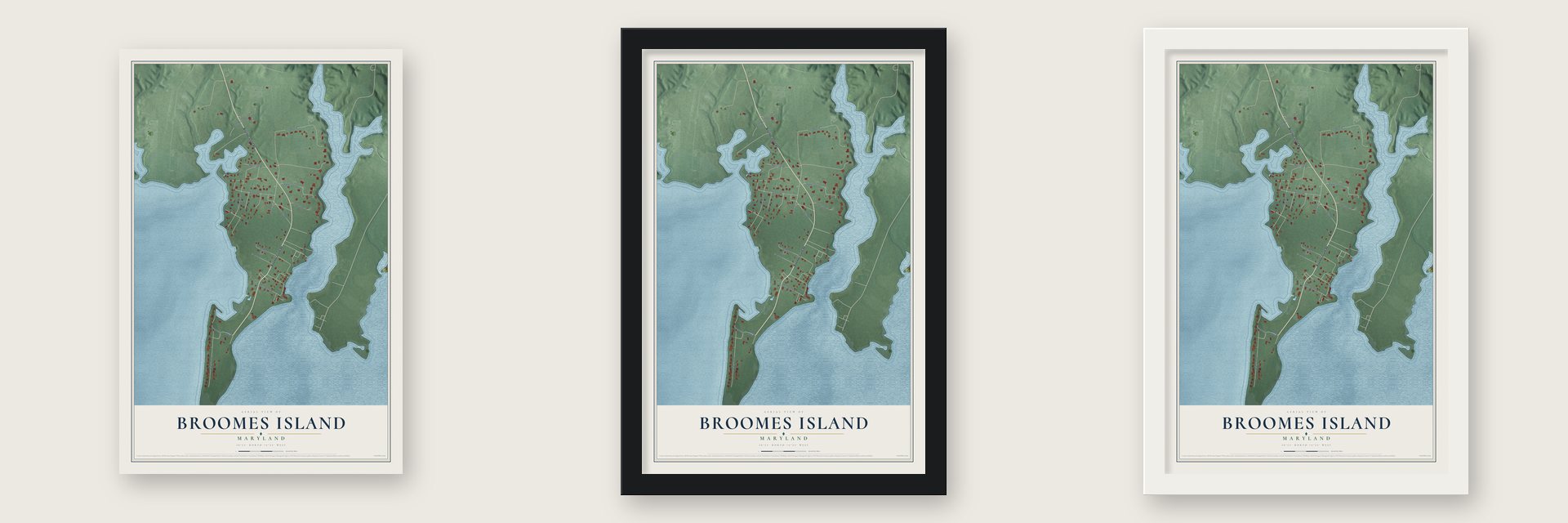 Broomes Island, Maryland map unframed, in a black wood frame and in a white wood frame