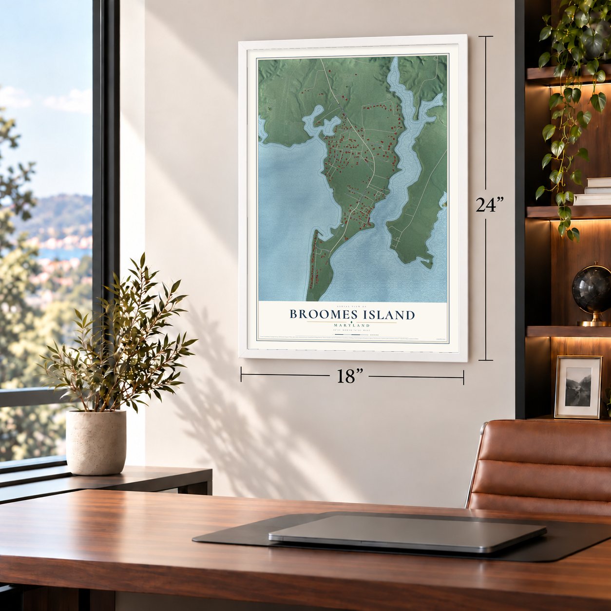 Broomes Island, Maryland map, 18 x 24 inch print in a white frame in a home office