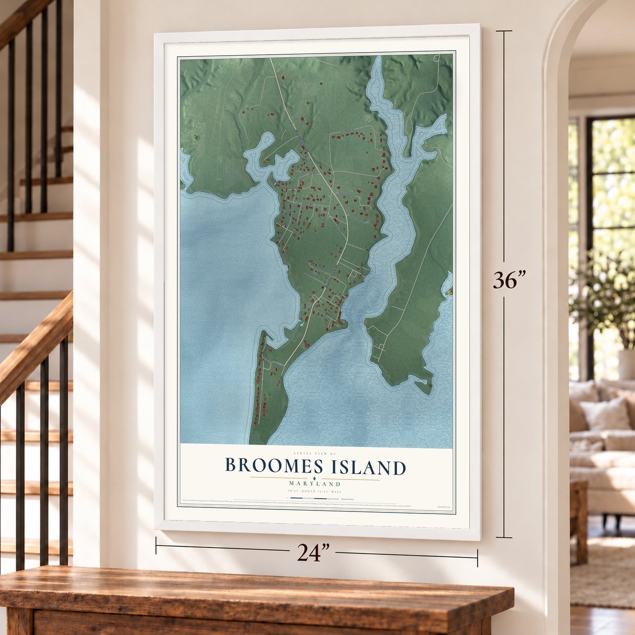 Broomes Island, Maryland map, 24 x 36 inch print in a white frame by a staircase