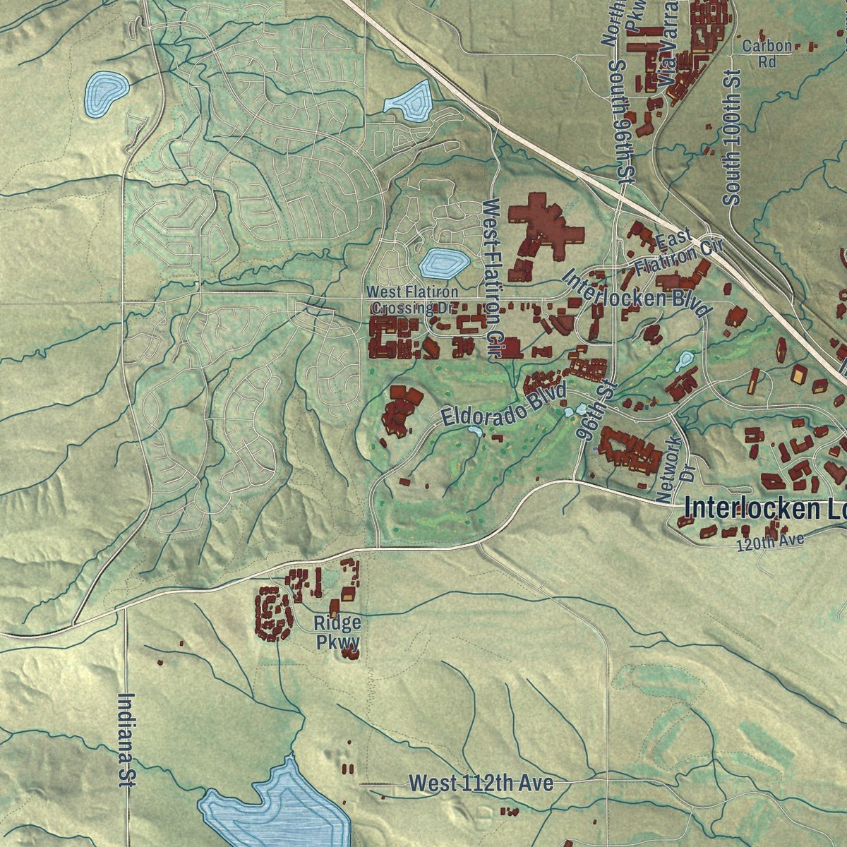 Second close-up of the map of Broomfield, Colorado print showing more streets and buildings