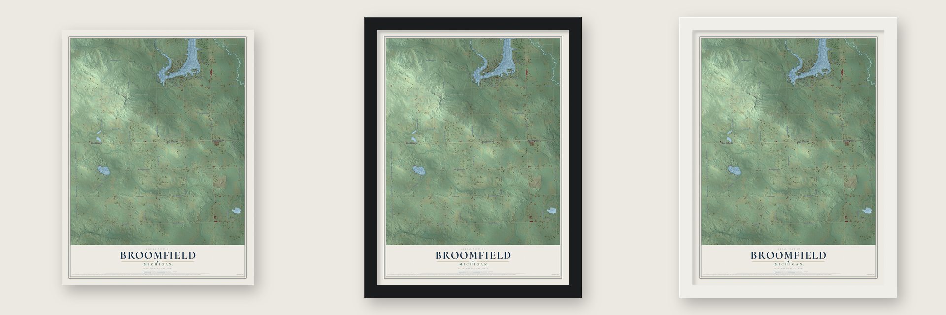 Broomfield, Michigan map unframed, in a black wood frame and in a white wood frame