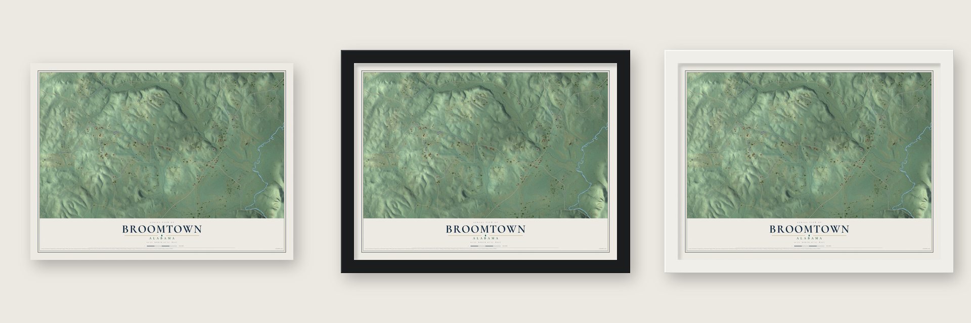 Broomtown, Alabama map unframed, in a black wood frame and in a white wood frame