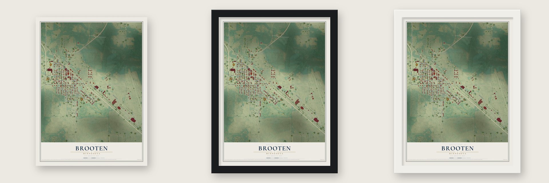 Brooten, Minnesota map unframed, in a black wood frame and in a white wood frame