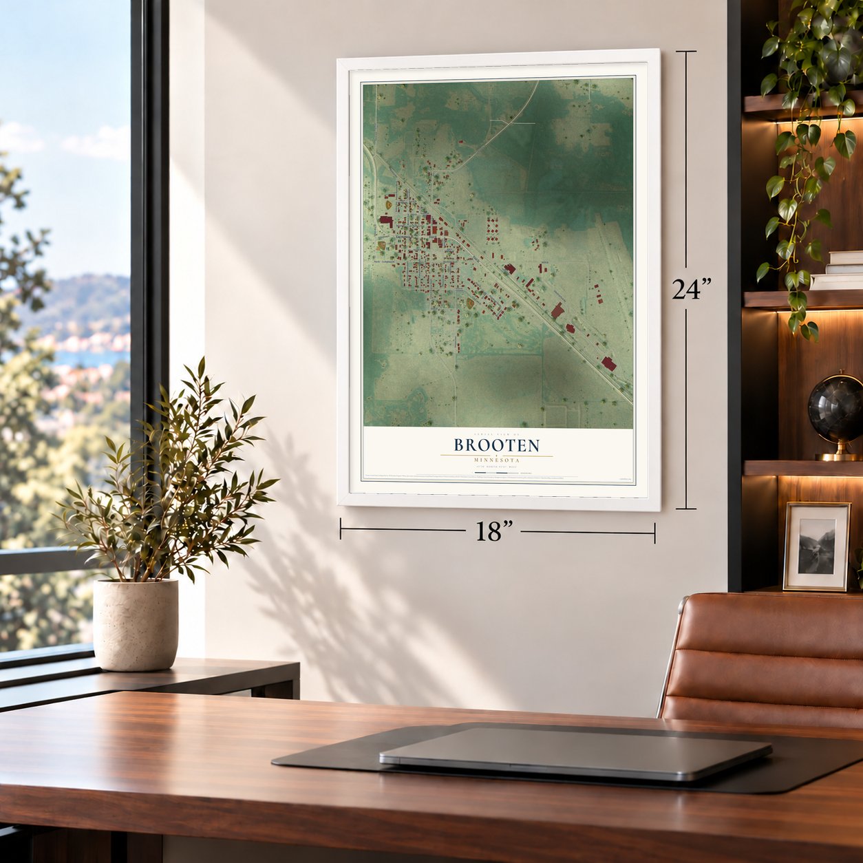 Brooten, Minnesota map, 18 x 24 inch print in a white frame in a home office