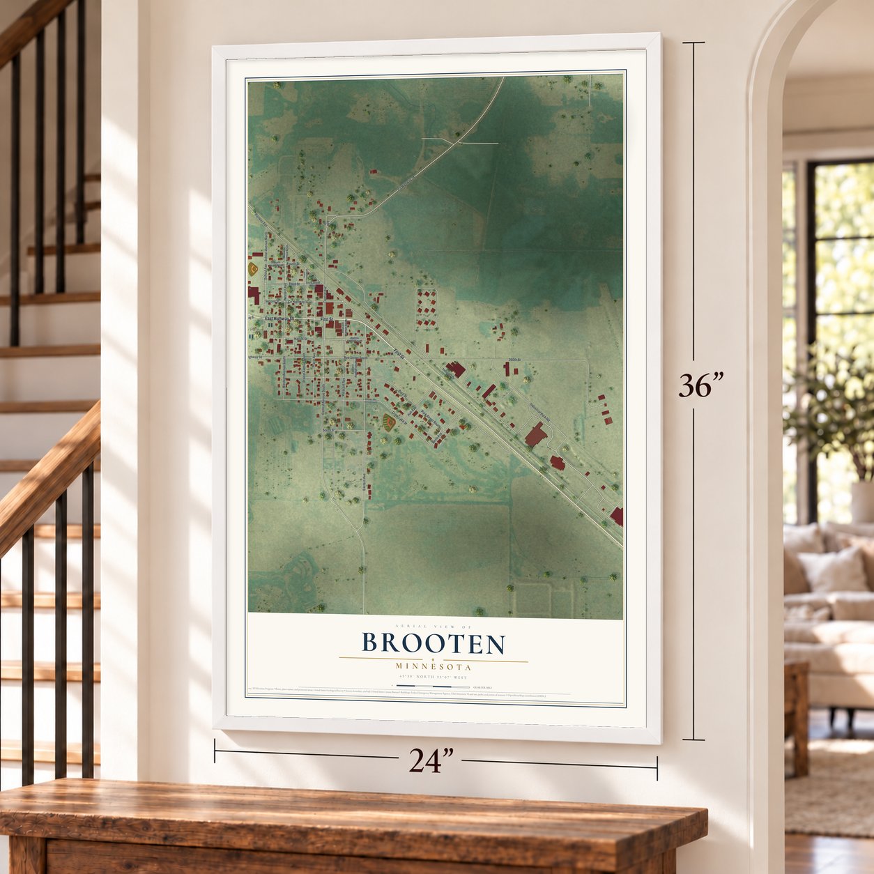 Brooten, Minnesota map, 24 x 36 inch print in a white frame by a staircase