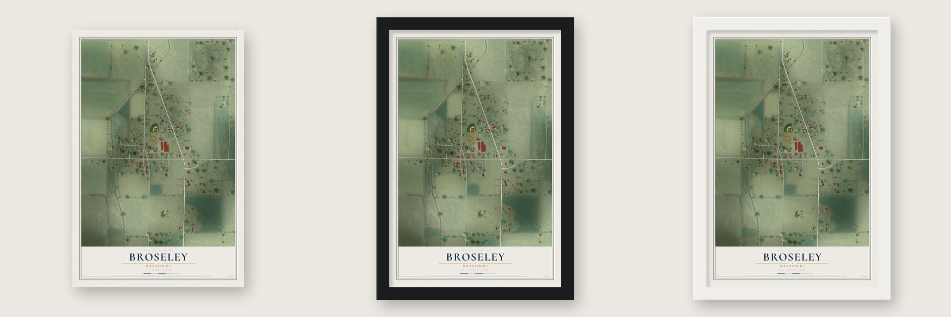 Broseley, Missouri map unframed, in a black wood frame and in a white wood frame