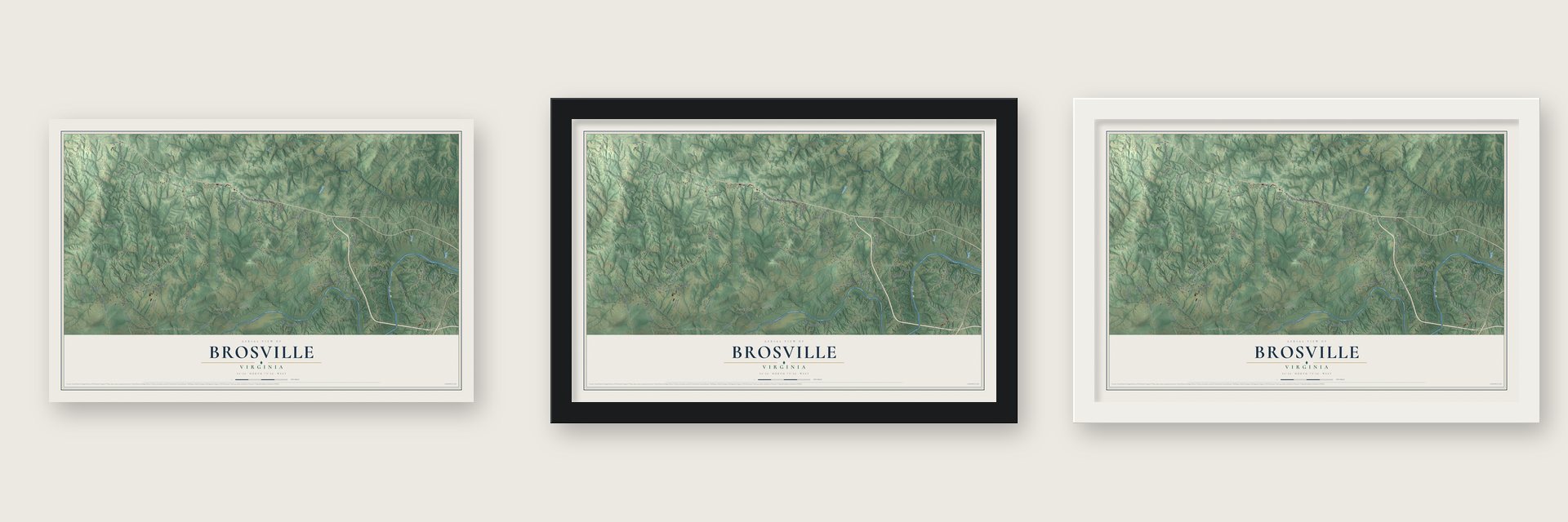 Brosville, Virginia map unframed, in a black wood frame and in a white wood frame