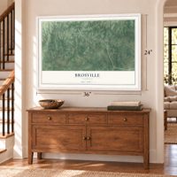 Brosville, Virginia map, 24 x 36 inch print in a white frame above a dresser by a staircase