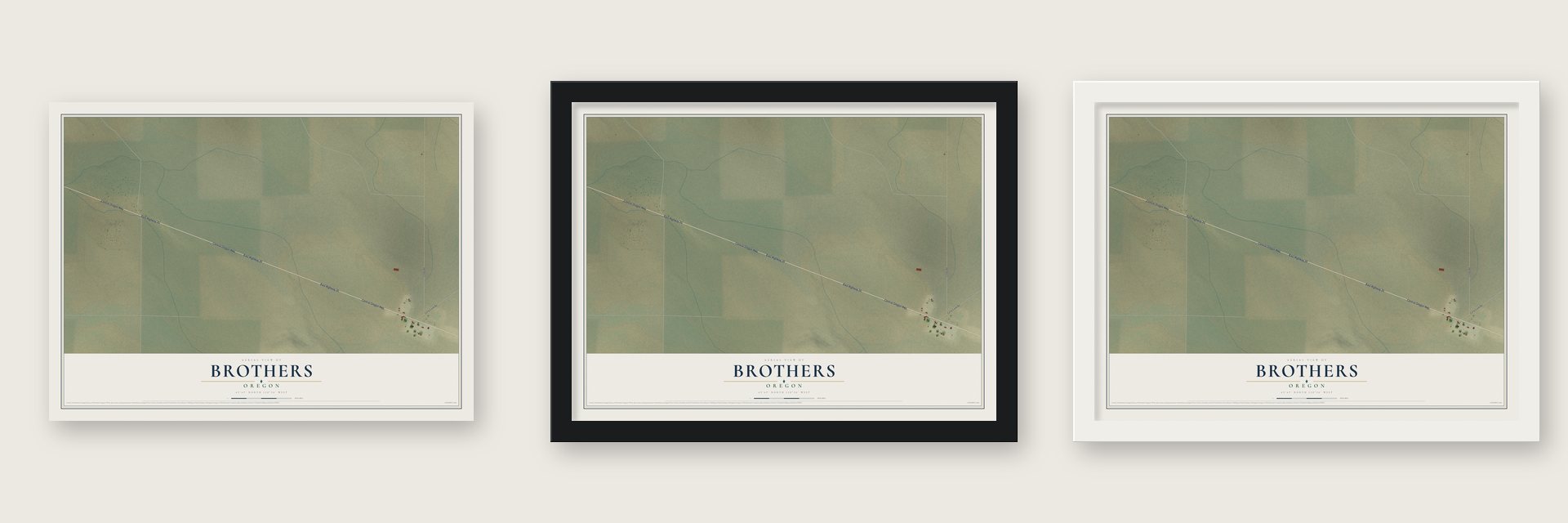 Brothers, Oregon map unframed, in a black wood frame and in a white wood frame