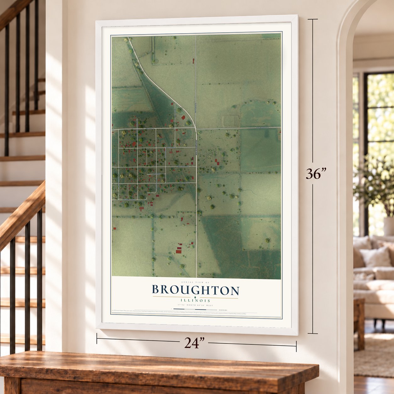 Broughton, Illinois map, 24 x 36 inch print in a white frame by a staircase