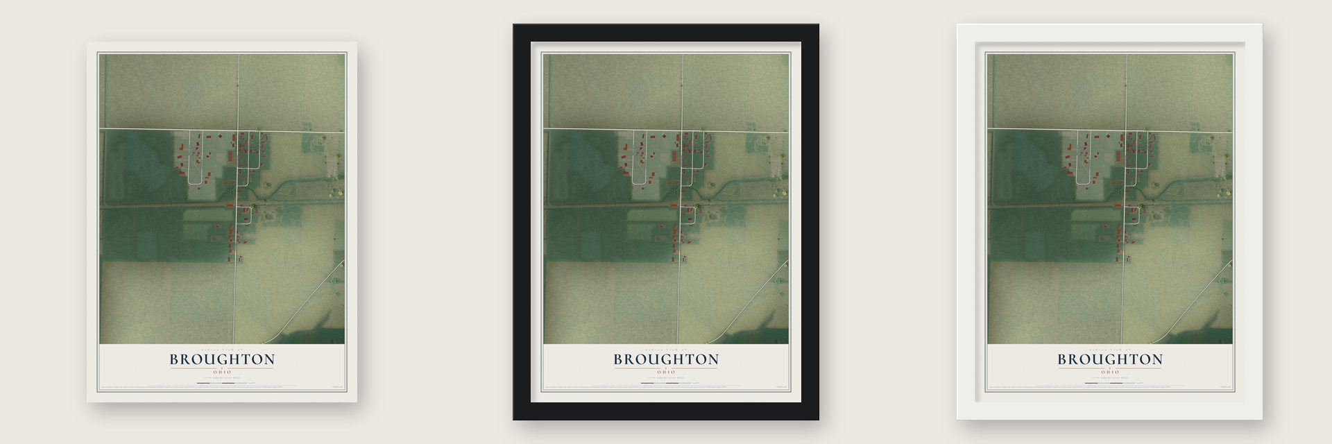 Broughton, Ohio map unframed, in a black wood frame and in a white wood frame