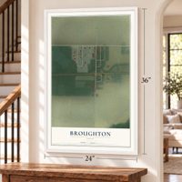 Broughton, Ohio map, 24 x 36 inch print in a white frame by a staircase