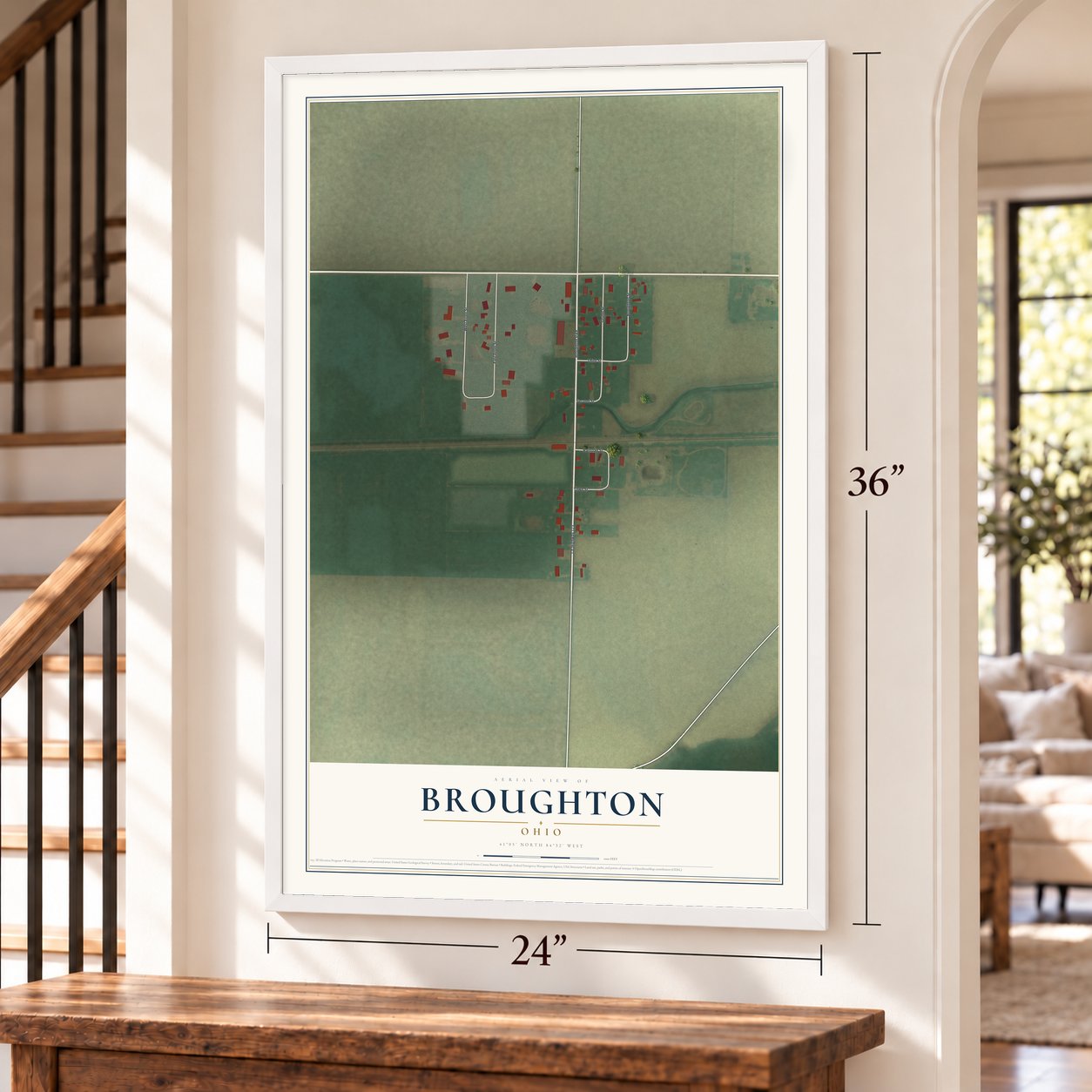 Broughton, Ohio map, 24 x 36 inch print in a white frame by a staircase