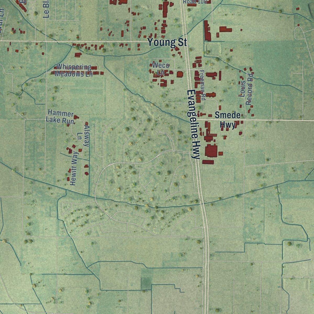 Second close-up of the map of Broussard, Louisiana print showing more streets and buildings