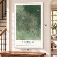 Broussard, Louisiana map, 24 x 36 inch print in a white frame by a staircase