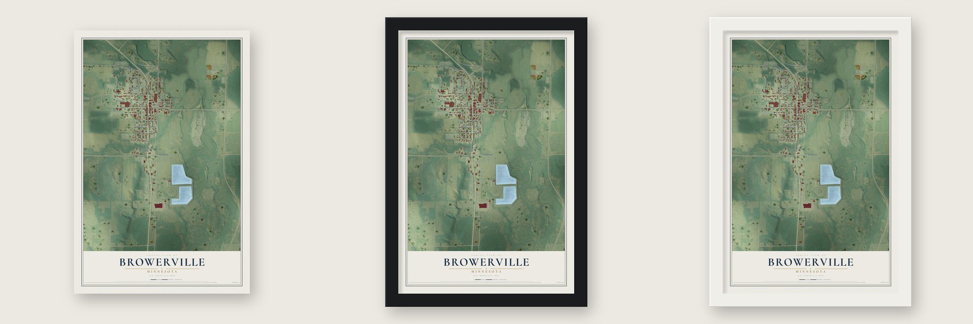 Browerville, Minnesota map unframed, in a black wood frame and in a white wood frame