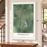 Browerville, Minnesota map, 24 x 36 inch print in a white frame by a staircase