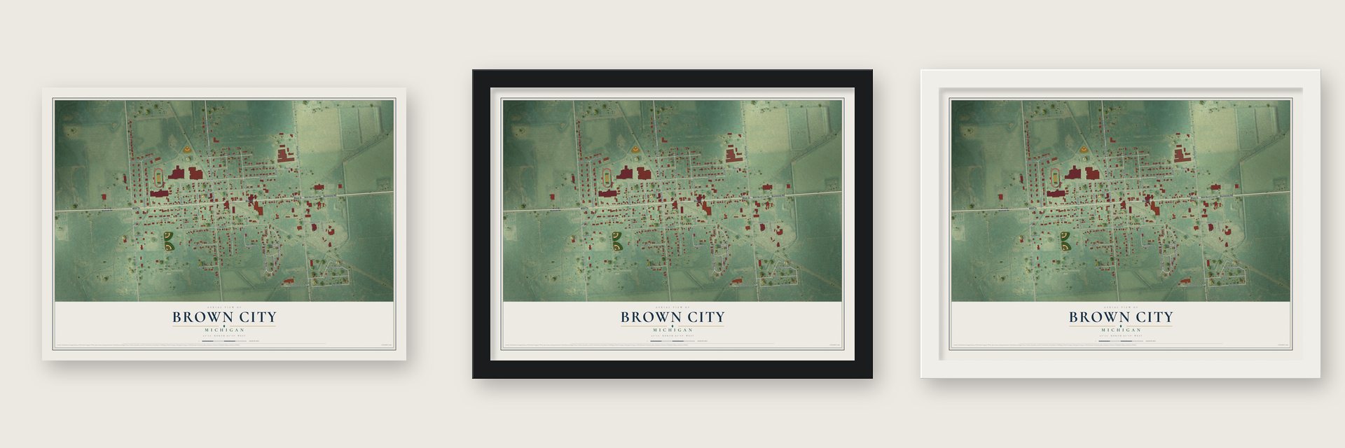 Brown City, Michigan map unframed, in a black wood frame and in a white wood frame