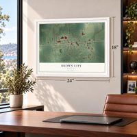 Brown City, Michigan map, 18 x 24 inch print in a white frame in a home office