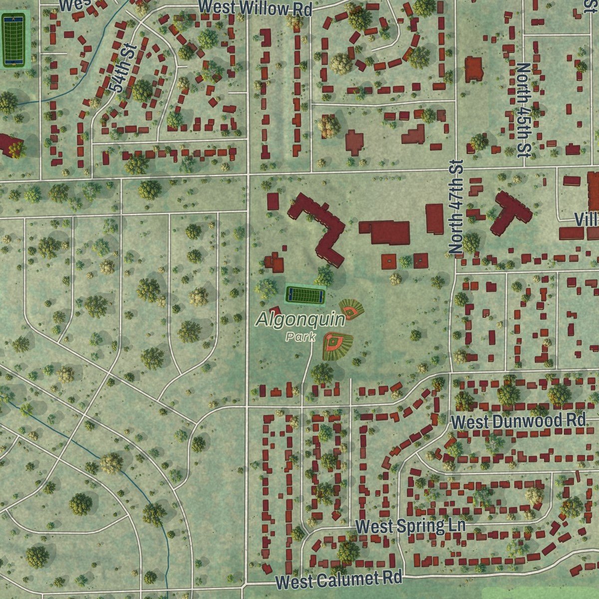Second close-up of the map of Brown Deer, Wisconsin print showing more streets and buildings