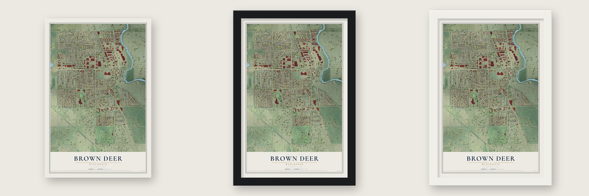 Brown Deer, Wisconsin map unframed, in a black wood frame and in a white wood frame
