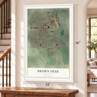 Brown Deer, Wisconsin map, 24 x 36 inch print in a white frame by a staircase