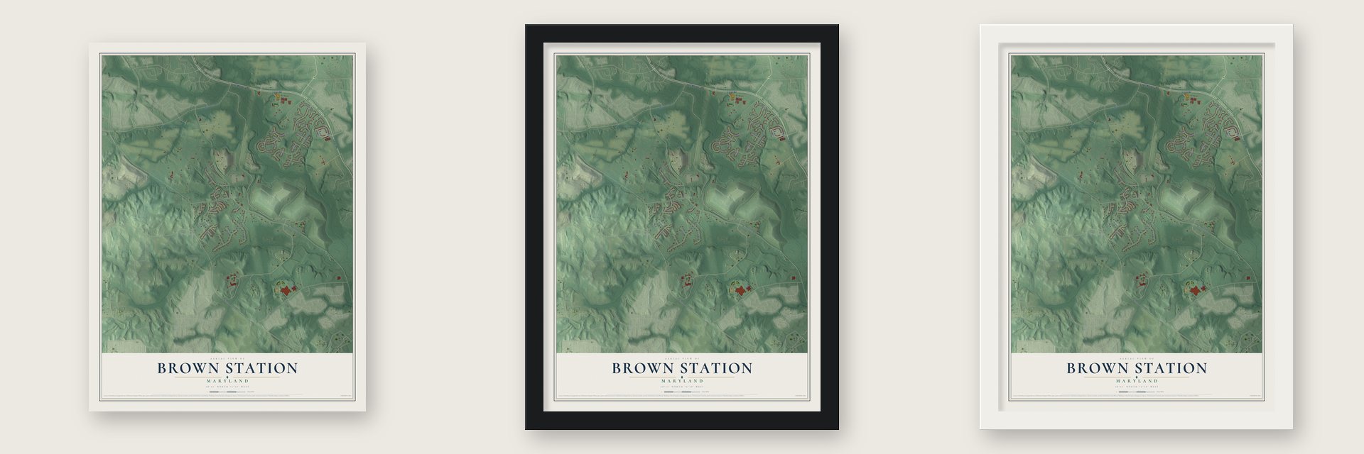 Brown Station, Maryland map unframed, in a black wood frame and in a white wood frame