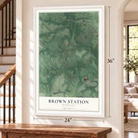 Brown Station, Maryland map, 24 x 36 inch print in a white frame by a staircase