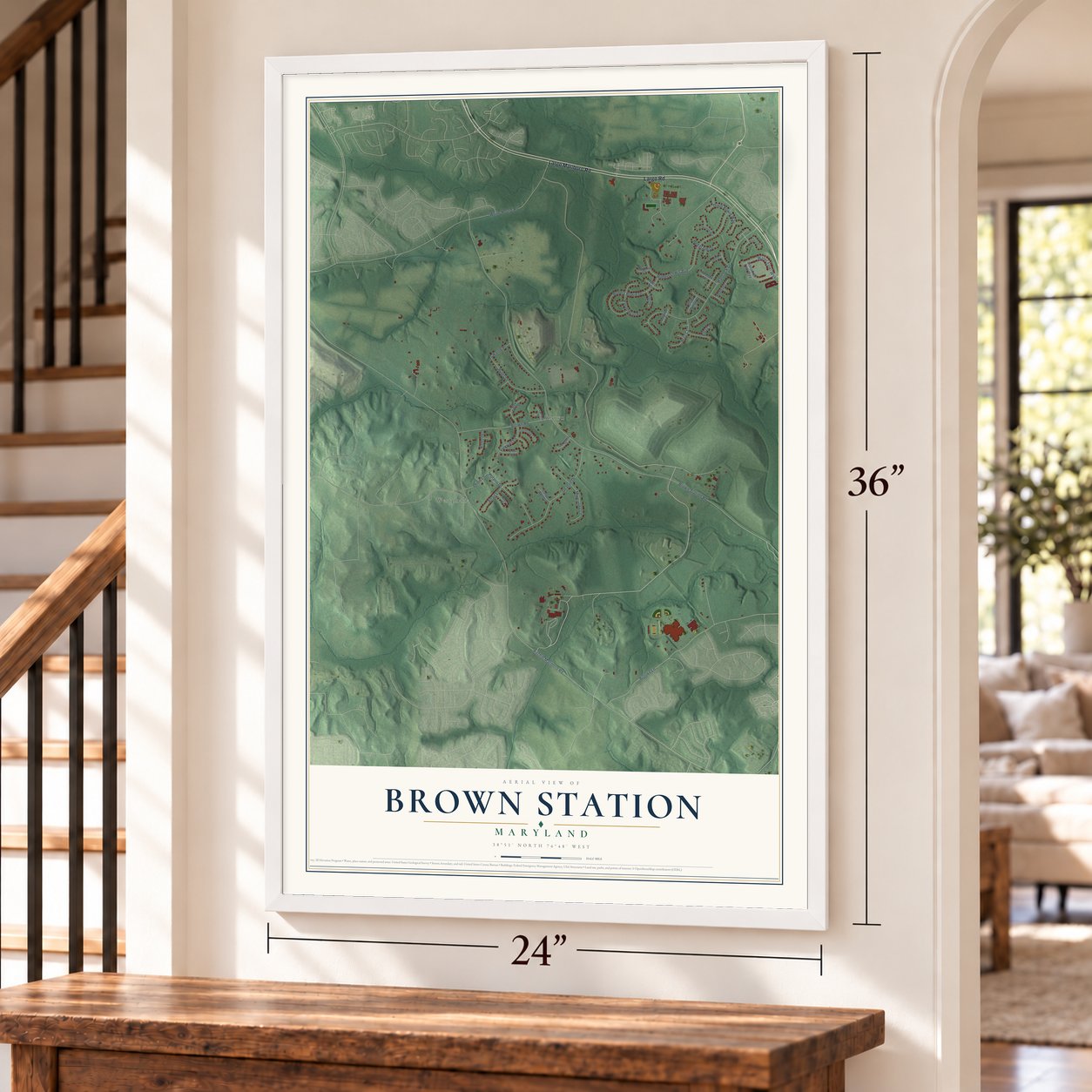 Brown Station, Maryland map, 24 x 36 inch print in a white frame by a staircase