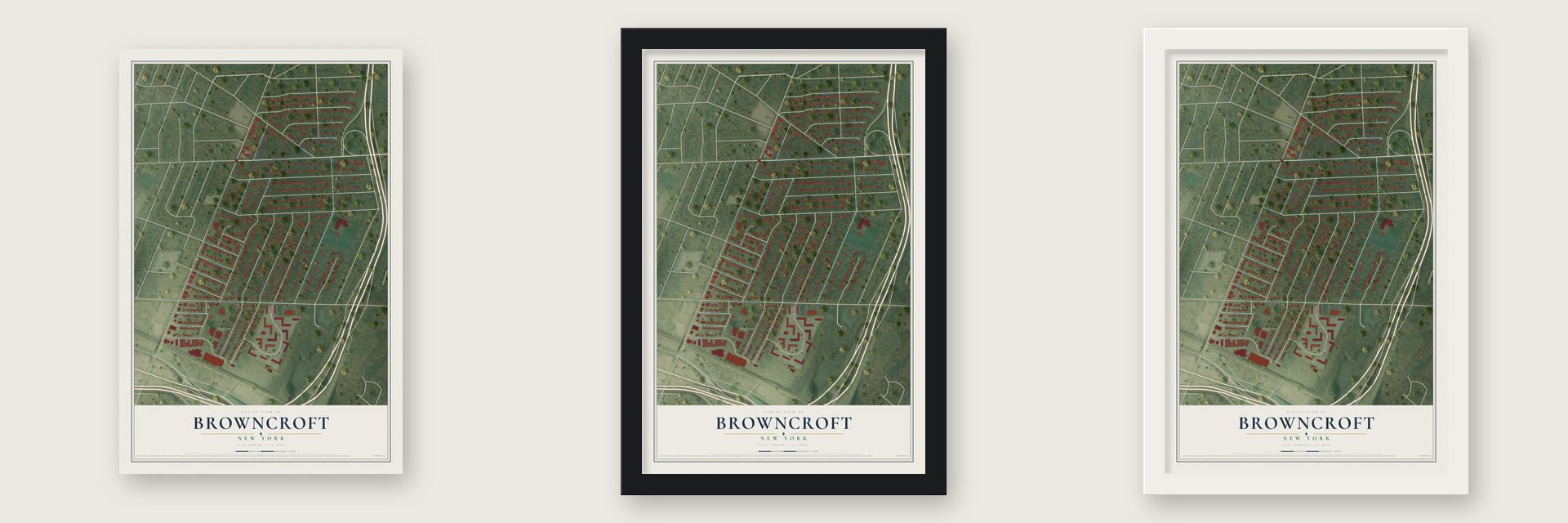 Browncroft, New York map unframed, in a black wood frame and in a white wood frame