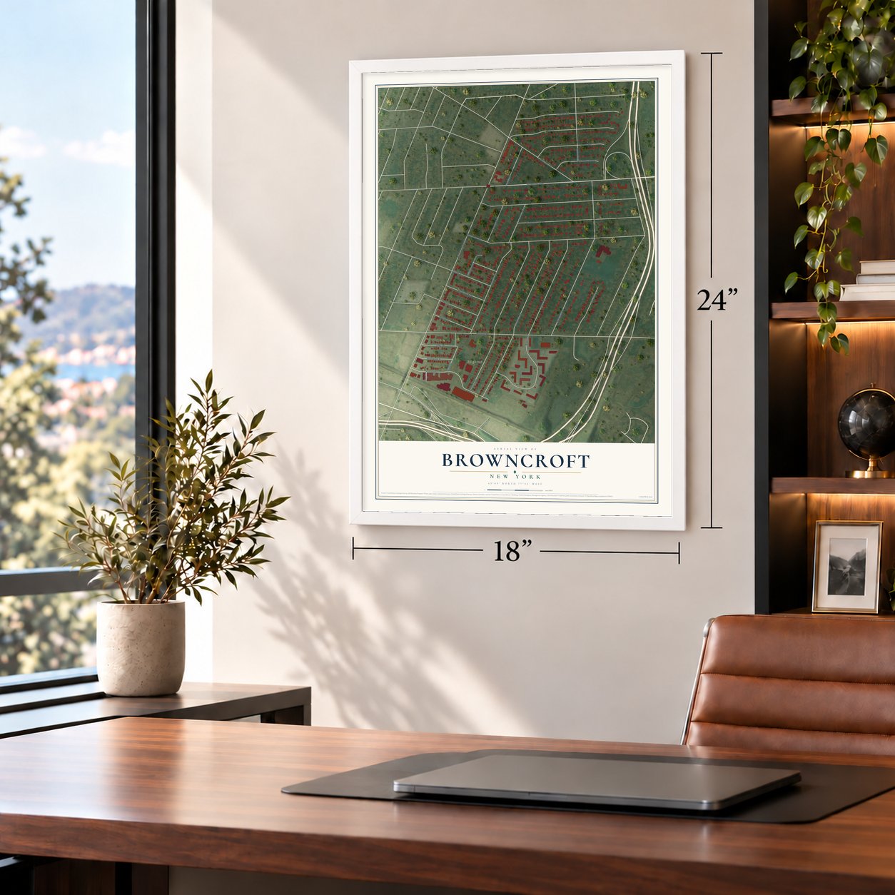Browncroft, New York map, 18 x 24 inch print in a white frame in a home office