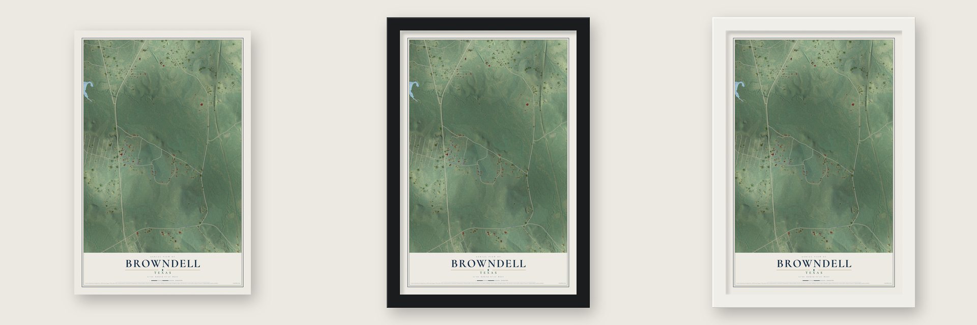 Browndell, Texas map unframed, in a black wood frame and in a white wood frame