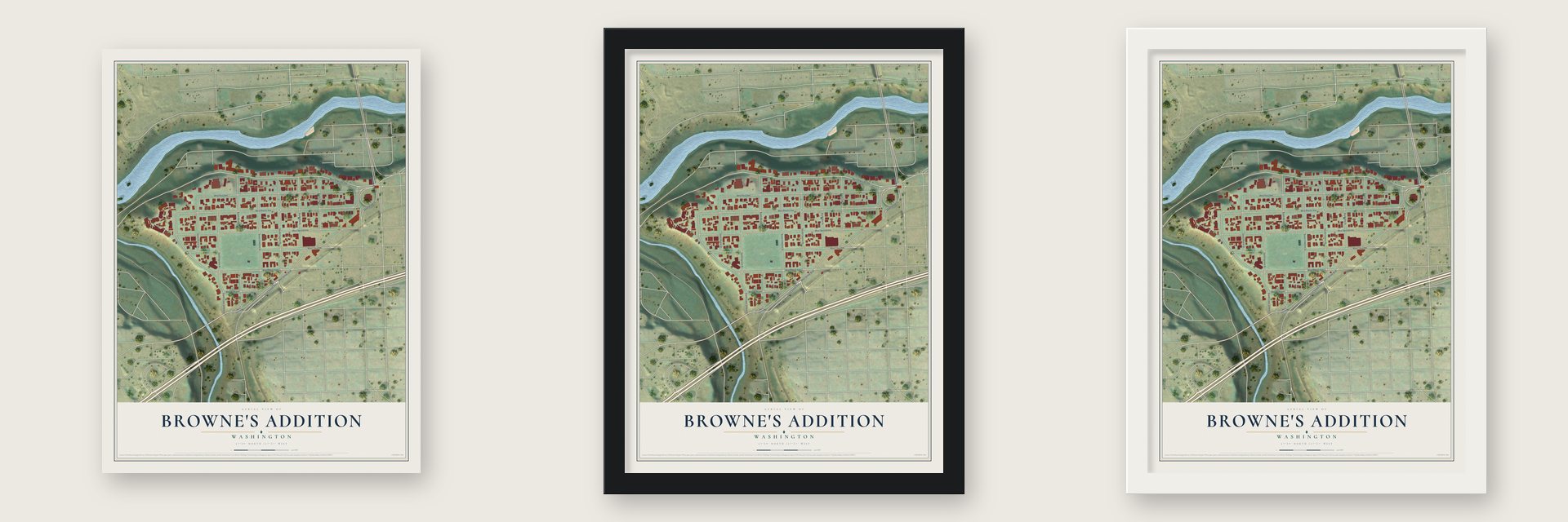 Browne's Addition, Washington map unframed, in a black wood frame and in a white wood frame