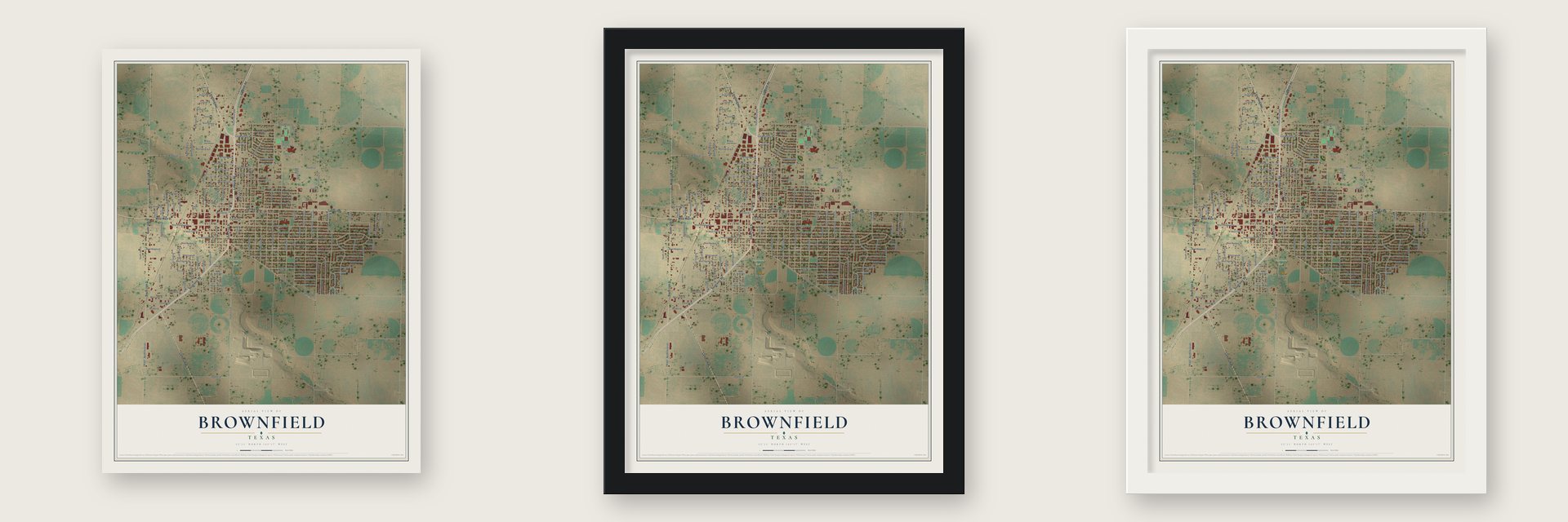 Brownfield, Texas map unframed, in a black wood frame and in a white wood frame