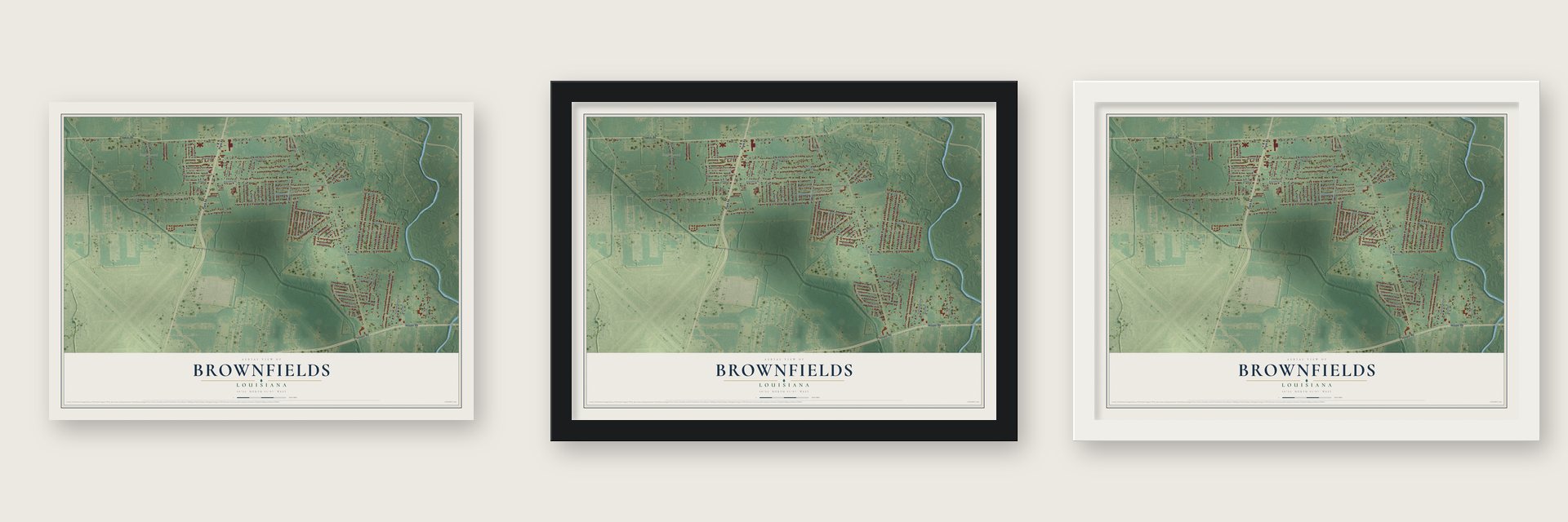 Brownfields, Louisiana map unframed, in a black wood frame and in a white wood frame