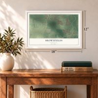 Brownfields, Louisiana map, 12 x 18 inch print in a white frame in an entryway