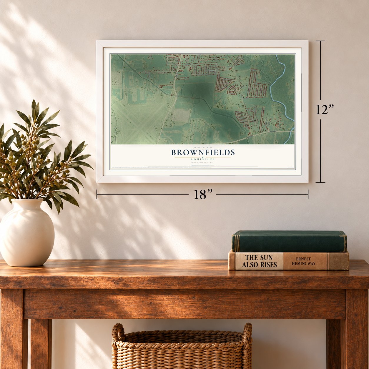 Brownfields, Louisiana map, 12 x 18 inch print in a white frame in an entryway