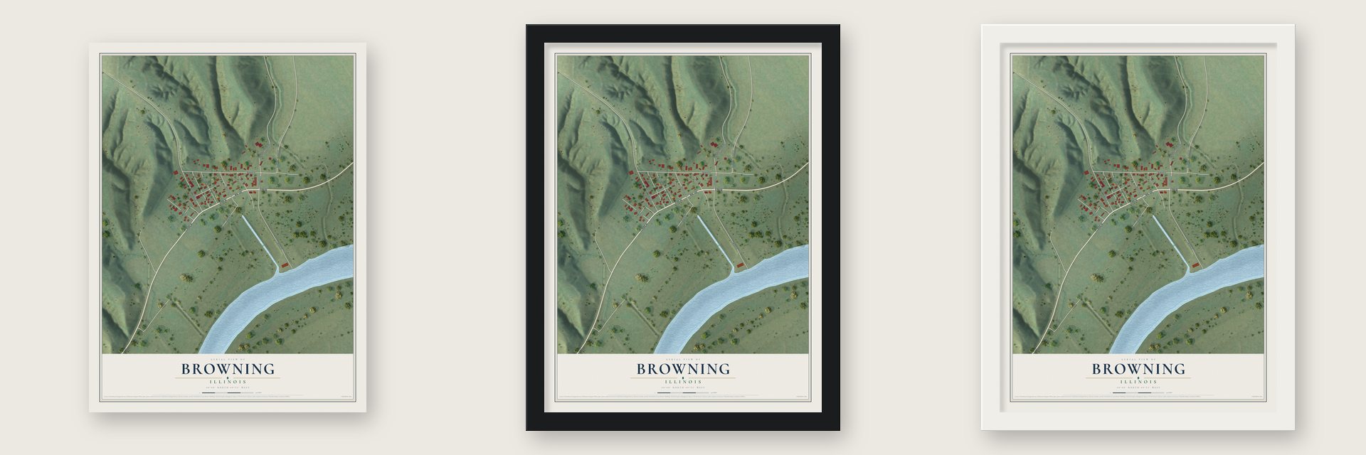 Browning, Illinois map unframed, in a black wood frame and in a white wood frame
