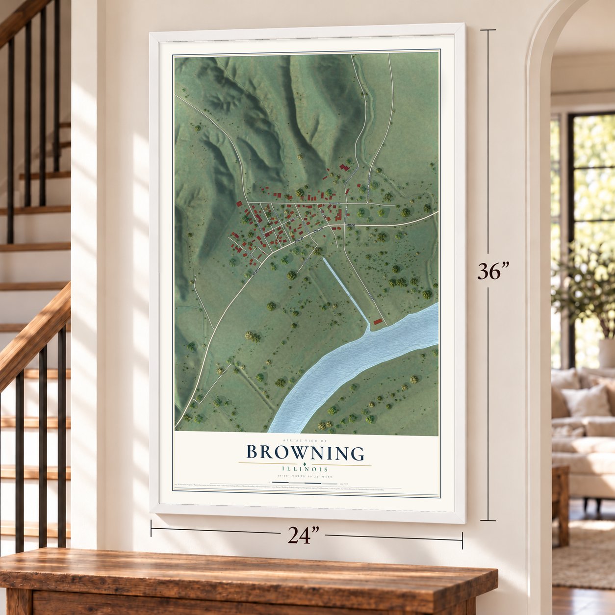 Browning, Illinois map, 24 x 36 inch print in a white frame by a staircase
