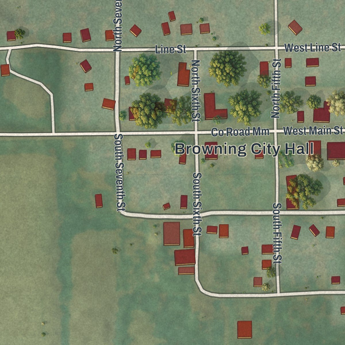Second close-up of the map of Browning, Missouri print showing more streets and buildings