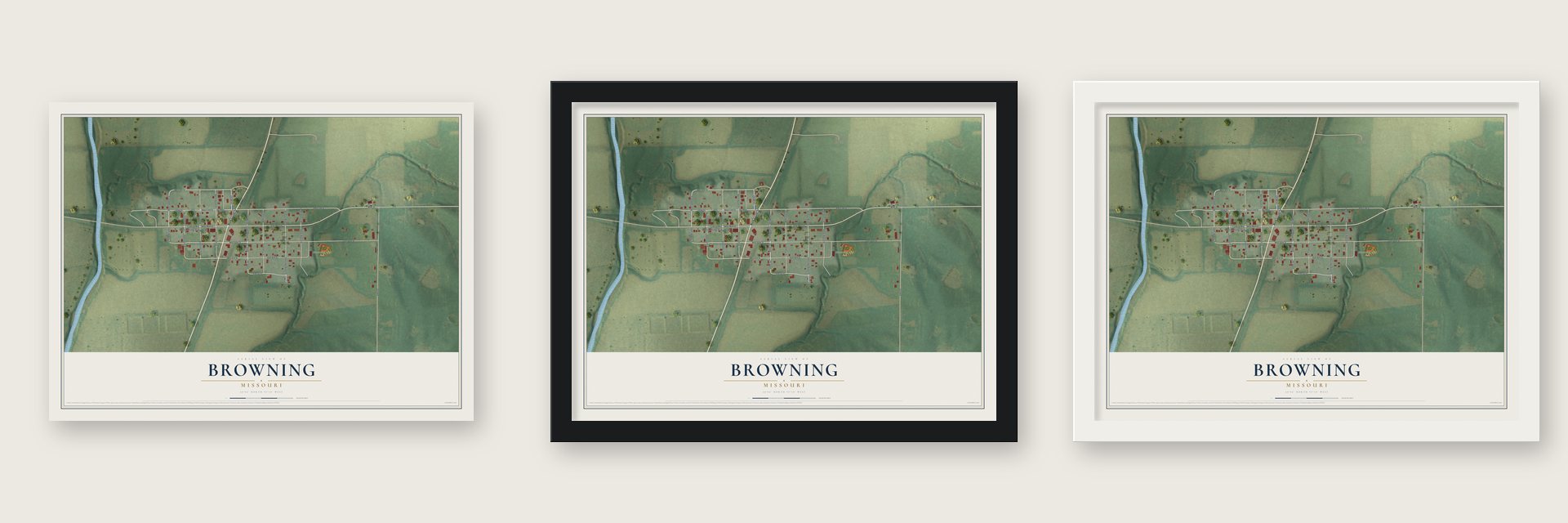 Browning, Missouri map unframed, in a black wood frame and in a white wood frame