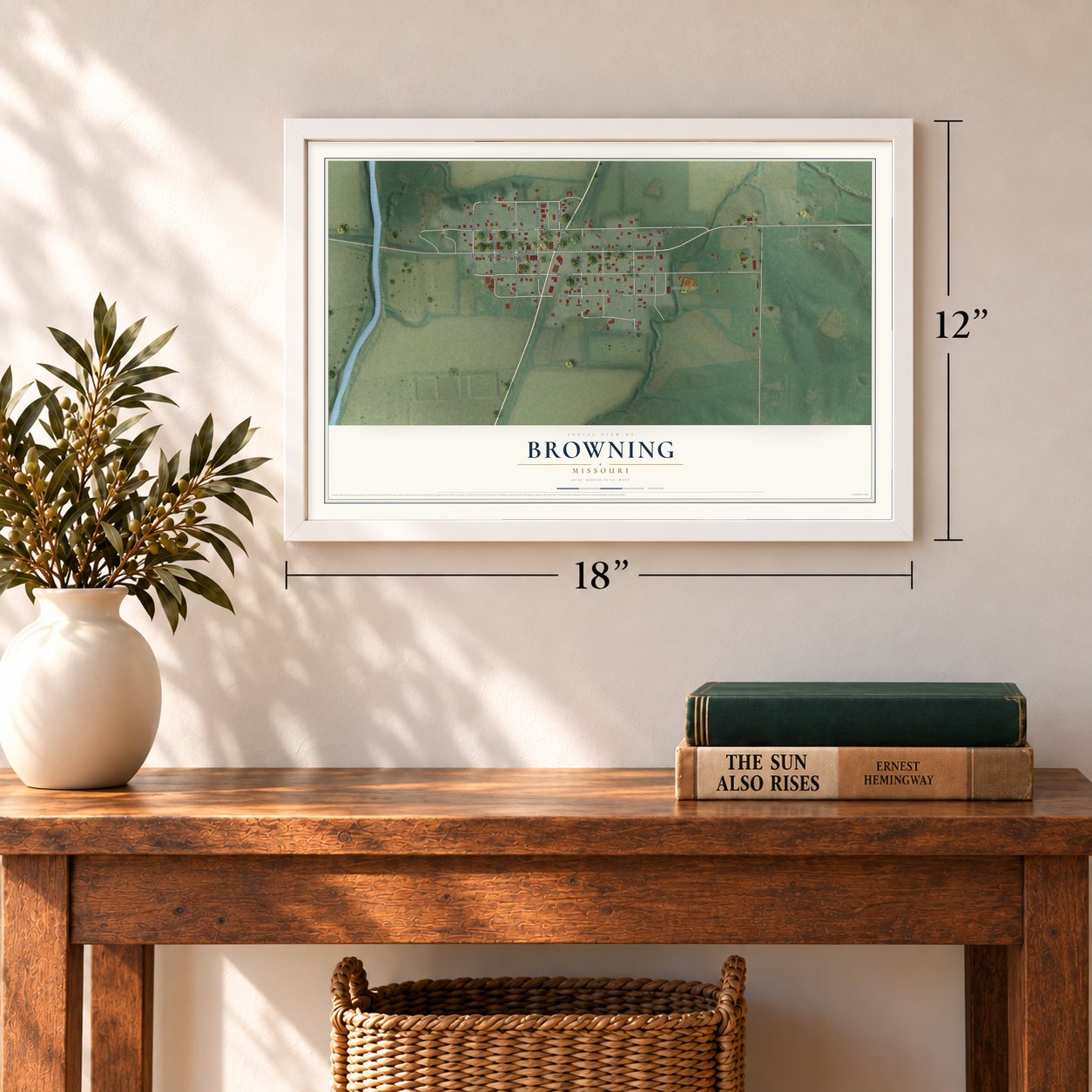Browning, Missouri map, 12 x 18 inch print in a white frame in an entryway