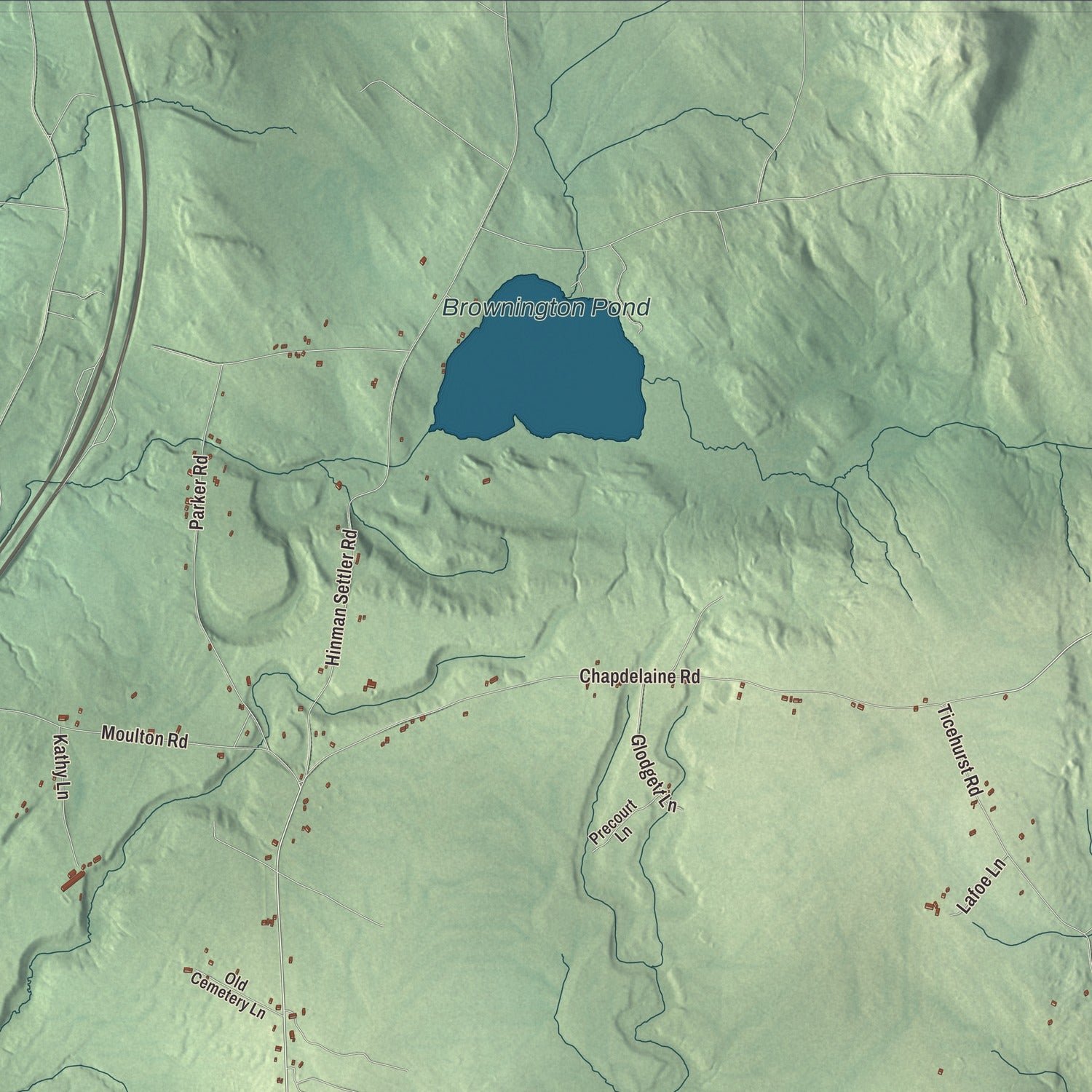 Close-up of the map of Brownington, Vermont print showing terrain and local geography