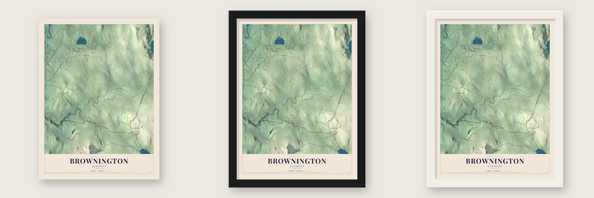 Brownington, Vermont map unframed, in a black wood frame and in a white wood frame